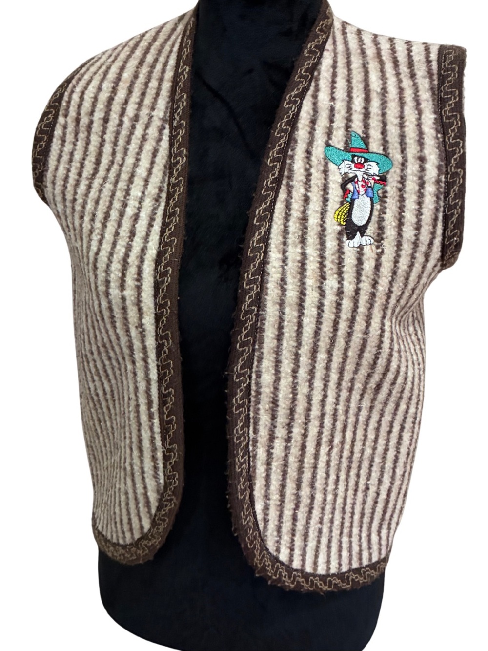 Vintage Looney Tunes Sylvester the Cat Embroidered Striped Fleece Vest